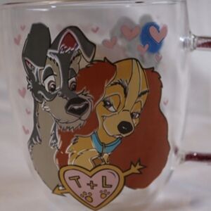 Disney Lady and The Tramp Glass Cup Mug W/Glitter Handle 14 oz